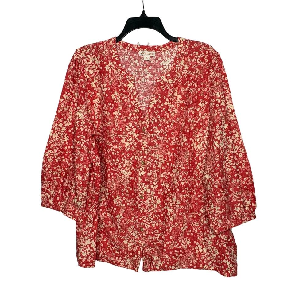 Knox Rose Coral Pink & White Ditsy Floral Button Up Flowy Casual Blouse Top XL